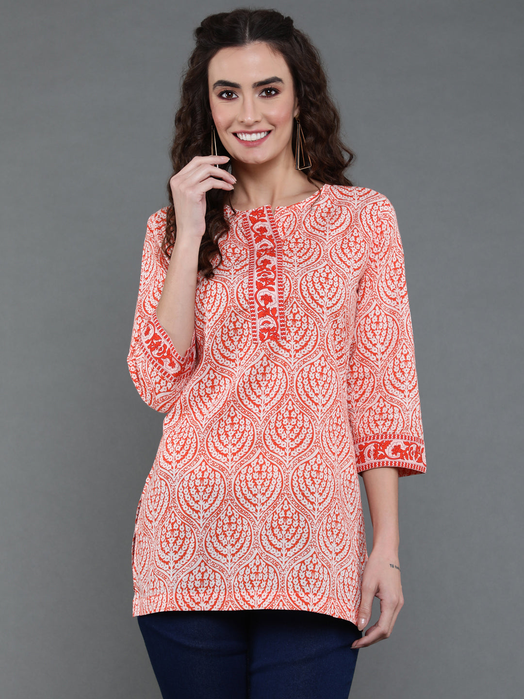 Antaran Orange Pure Cotton Printed Tunic - Distacart