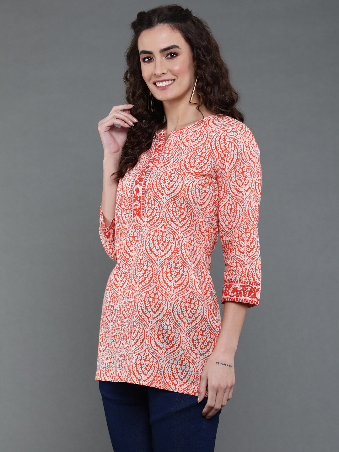 Antaran Orange Pure Cotton Printed Tunic - Distacart