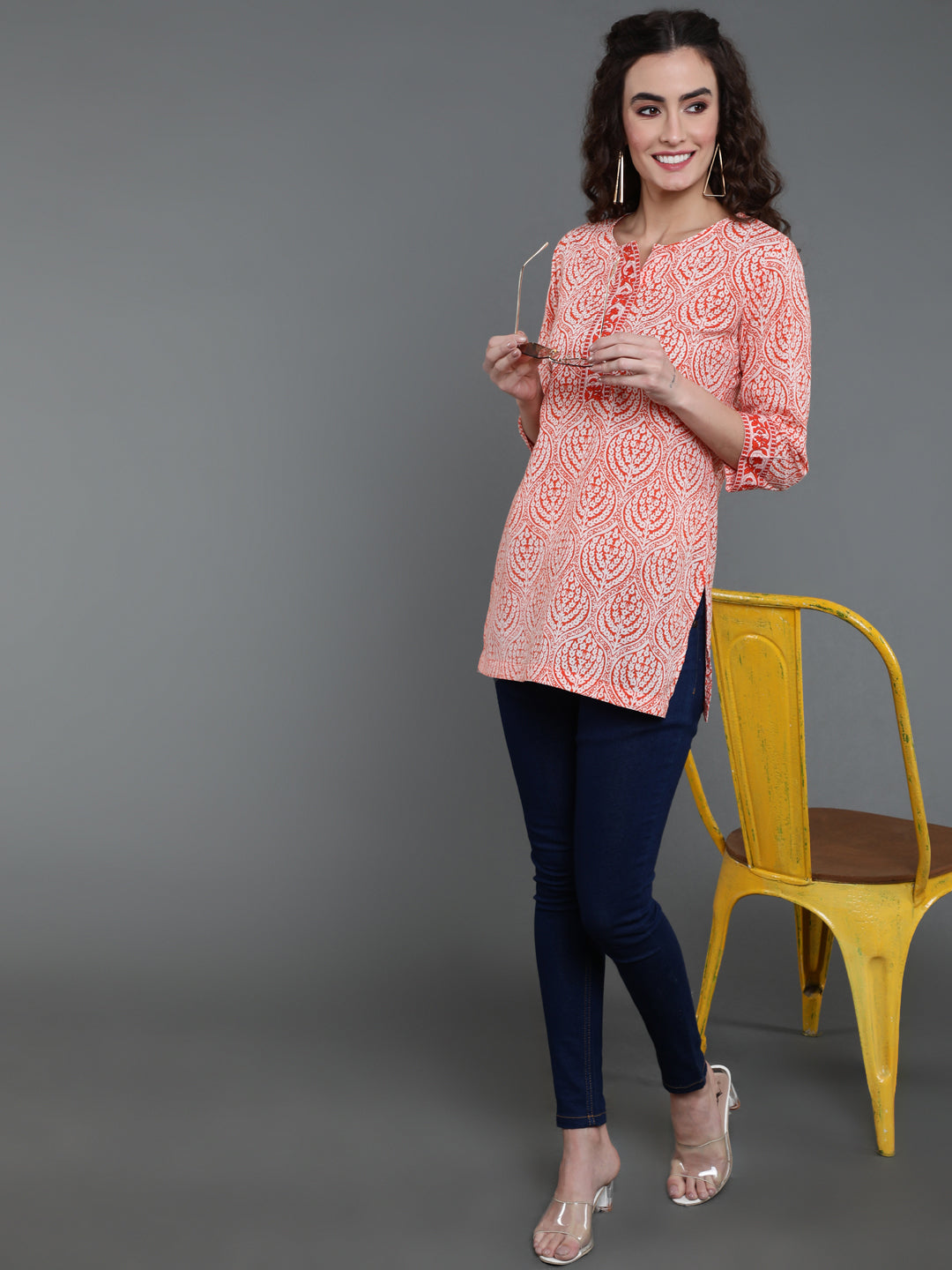 Antaran Orange Pure Cotton Printed Tunic - Distacart
