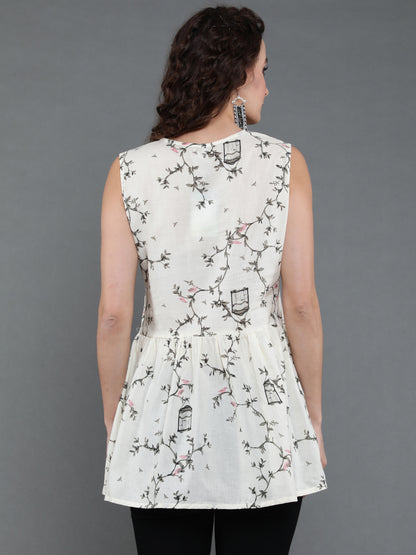 Antaran Off White Pure Cotton Cage Printed Sleeveless Top - Distacart