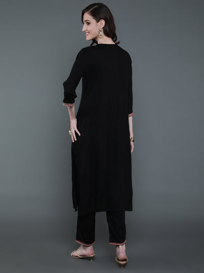 Antaran Black Rayon Embroidered Kurta Pant Set - Distacart