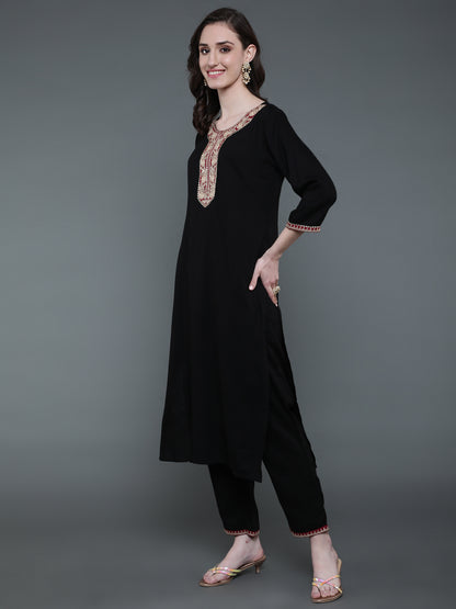 Antaran Black Rayon Embroidered Kurta Pant Set - Distacart