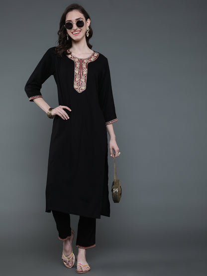 Antaran Black Rayon Embroidered Kurta Pant Set - Distacart