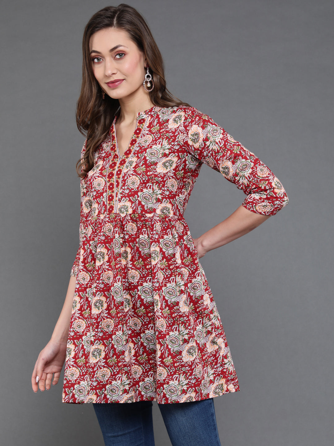 Antaran Maroon Pure Cotton Floral Printed Tunic - Distacart