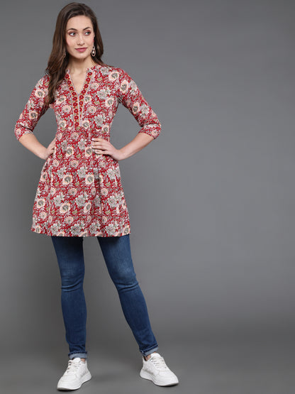 Antaran Maroon Pure Cotton Floral Printed Tunic - Distacart