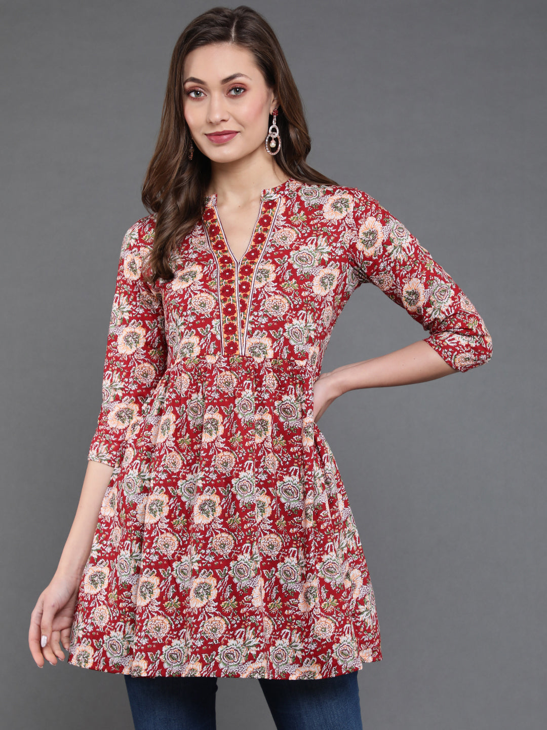 Antaran Maroon Pure Cotton Floral Printed Tunic - Distacart