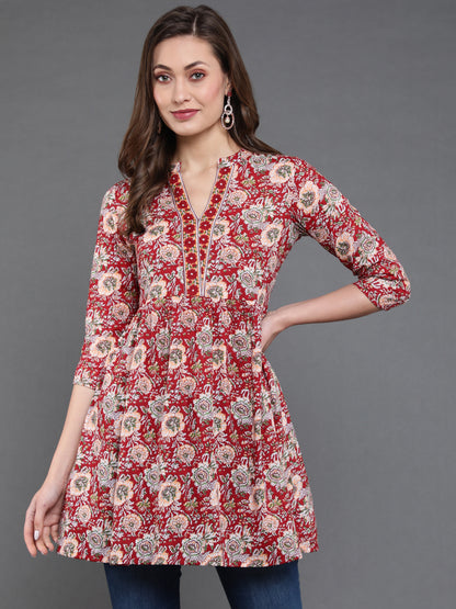 Antaran Maroon Pure Cotton Floral Printed Tunic - Distacart