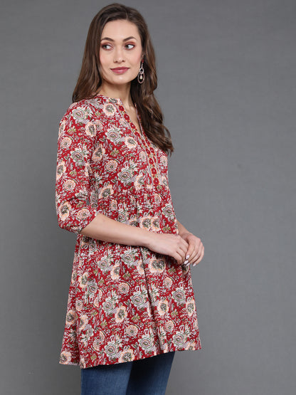 Antaran Maroon Pure Cotton Floral Printed Tunic - Distacart