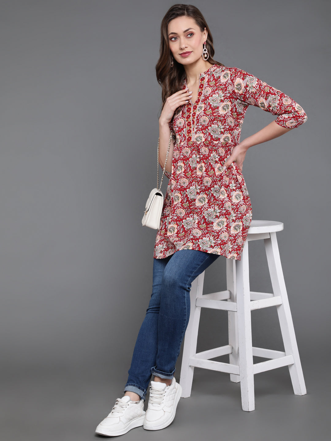 Antaran Maroon Pure Cotton Floral Printed Tunic - Distacart