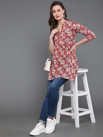 Antaran Maroon Pure Cotton Floral Printed Tunic - Distacart