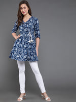 Thumbnail for Antaran Blue Pure Cotton Flared Hand Embroidered Tunic - Distacart