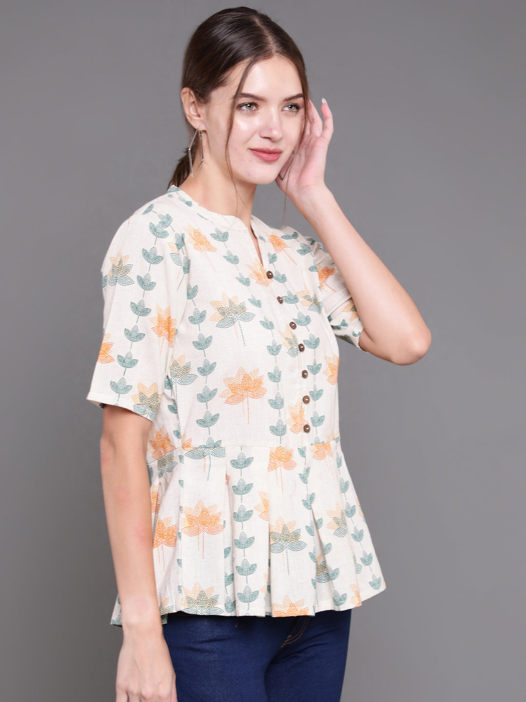 Antaran Off White Cotton Printed Cotton Flex Tunic With Box Pleat - Distacart