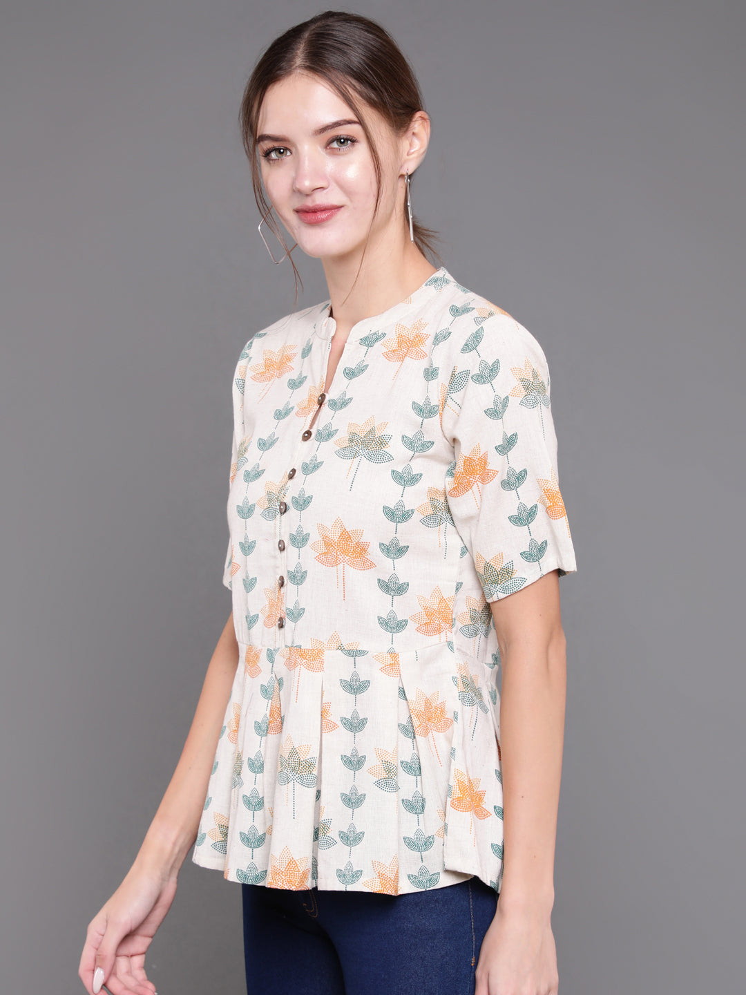 Antaran Off White Cotton Printed Cotton Flex Tunic With Box Pleat - Distacart