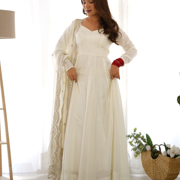 Lorenvalley Fashion Offwhite Pure Roman Silk Chanderi Fabric Fully Flared Anarkali Pant With Dupatta Set - Off White - Distacart