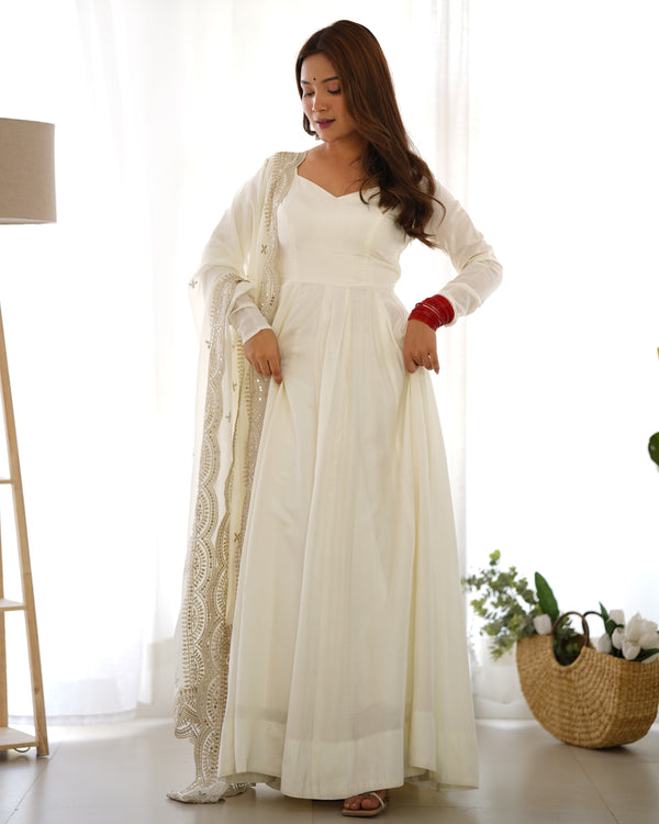Lorenvalley Fashion Offwhite Pure Roman Silk Chanderi Fabric Fully Flared Anarkali Pant With Dupatta Set - Off White - Distacart
