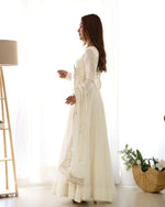 Thumbnail for Lorenvalley Fashion Offwhite Pure Roman Silk Chanderi Fabric Fully Flared Anarkali Pant With Dupatta Set - Off White - Distacart