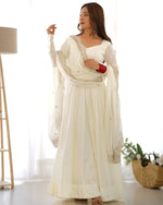 Thumbnail for Lorenvalley Fashion Offwhite Pure Roman Silk Chanderi Fabric Fully Flared Anarkali Pant With Dupatta Set - Off White - Distacart