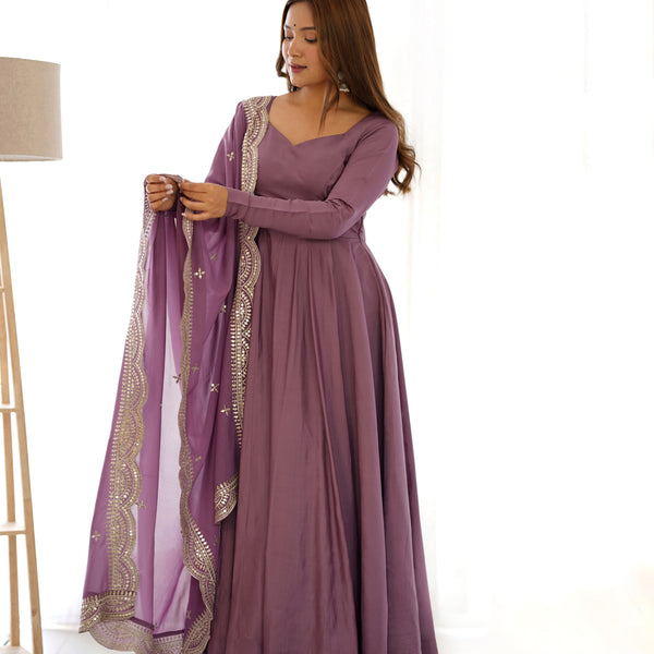 Lorenvalley Fashion Mauve Pure Roman Silk Chanderi Fabric Fully Flared Anarkali Pant With Dupatta Set - Mauve - Distacart