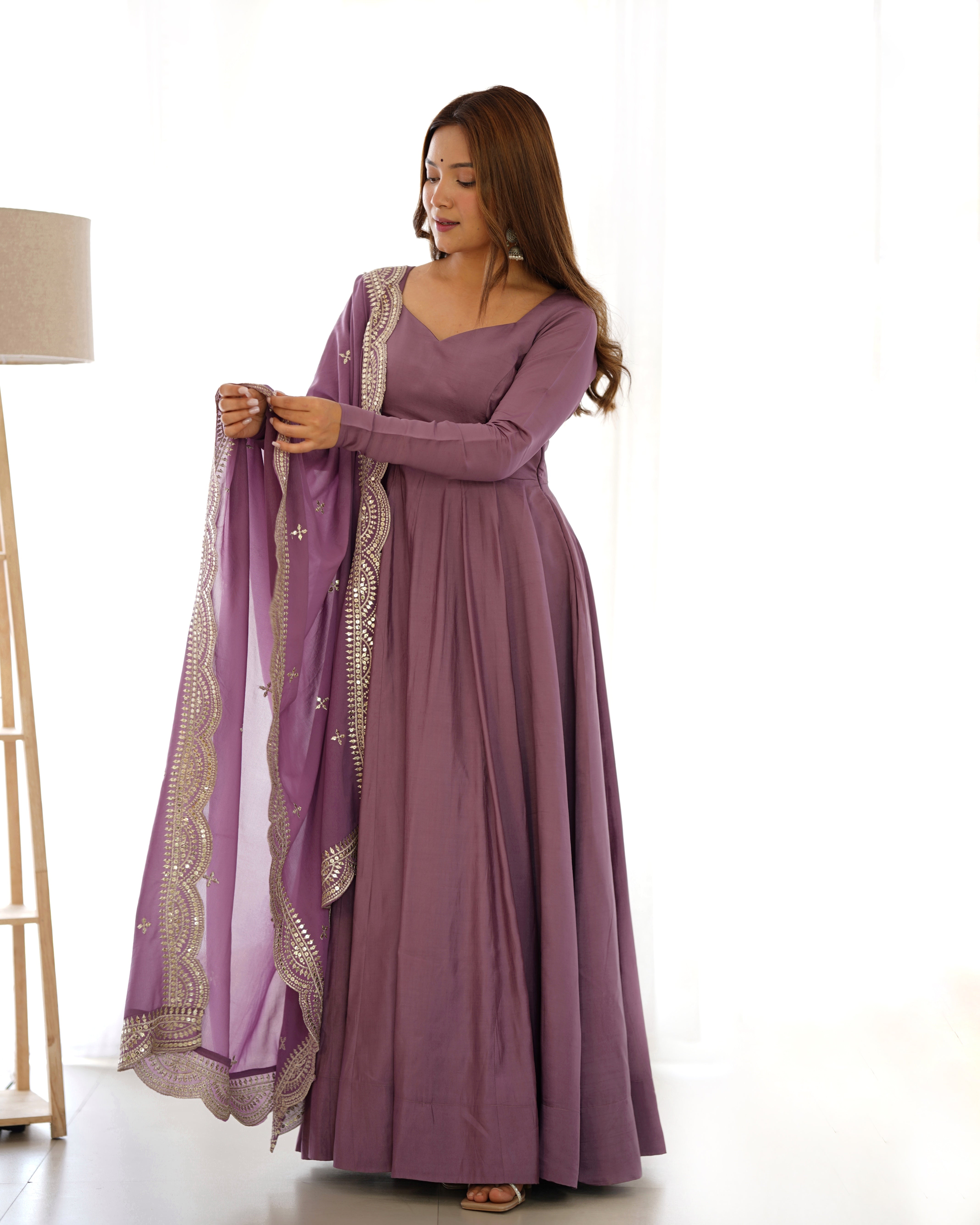 Lorenvalley Fashion Mauve Pure Roman Silk Chanderi Fabric Fully Flared Anarkali Pant With Dupatta Set - Mauve - Distacart