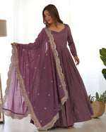 Thumbnail for Lorenvalley Fashion Mauve Pure Roman Silk Chanderi Fabric Fully Flared Anarkali Pant With Dupatta Set - Mauve - Distacart