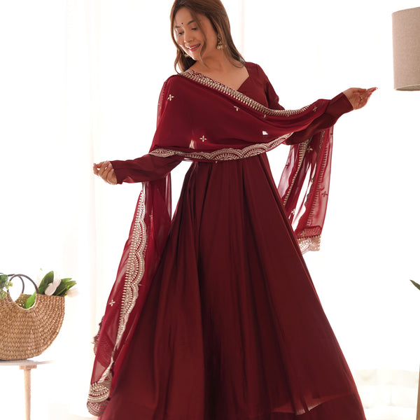 Lorenvalley Fashion Maroon Pure Roman Silk Chanderi Fabric Fully Flared Anarkali Pant With Dupatta Set - Maroon - Distacart