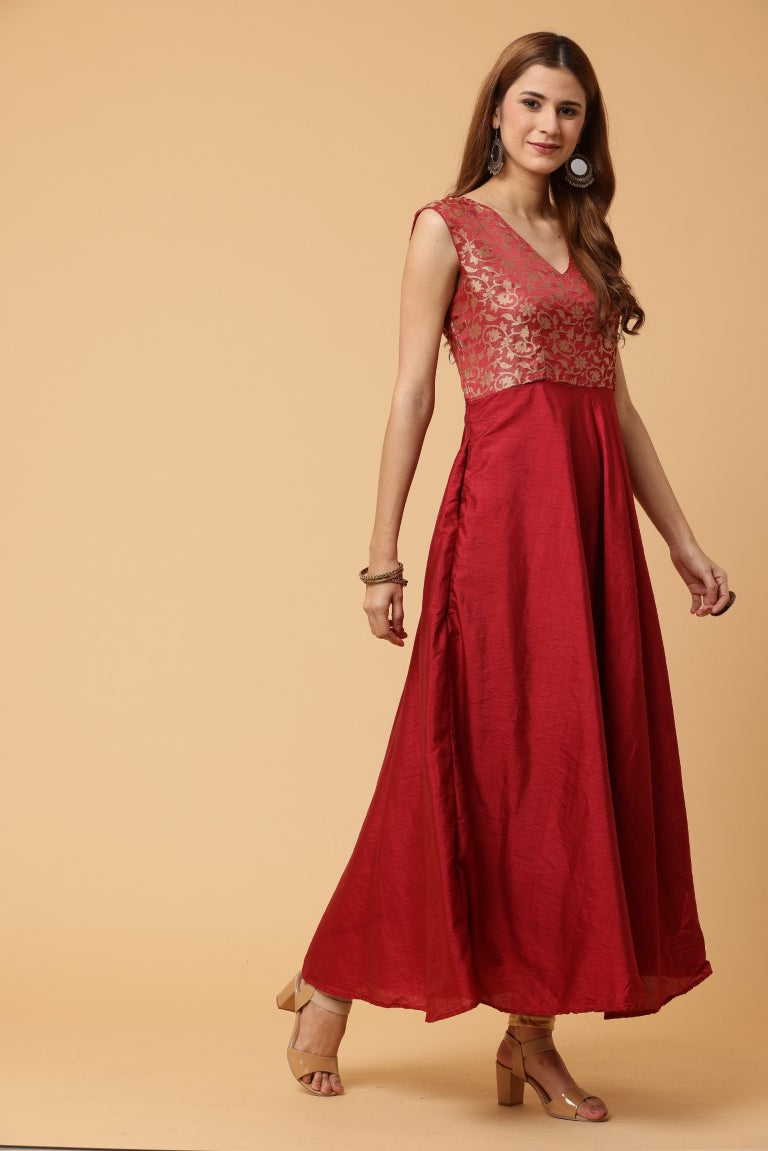 Fab Fashion Maroon Sleeveless Anarkali Dress - Distacart