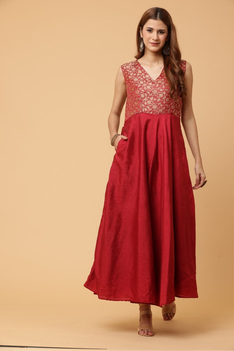 Fab Fashion Maroon Sleeveless Anarkali Dress - Distacart