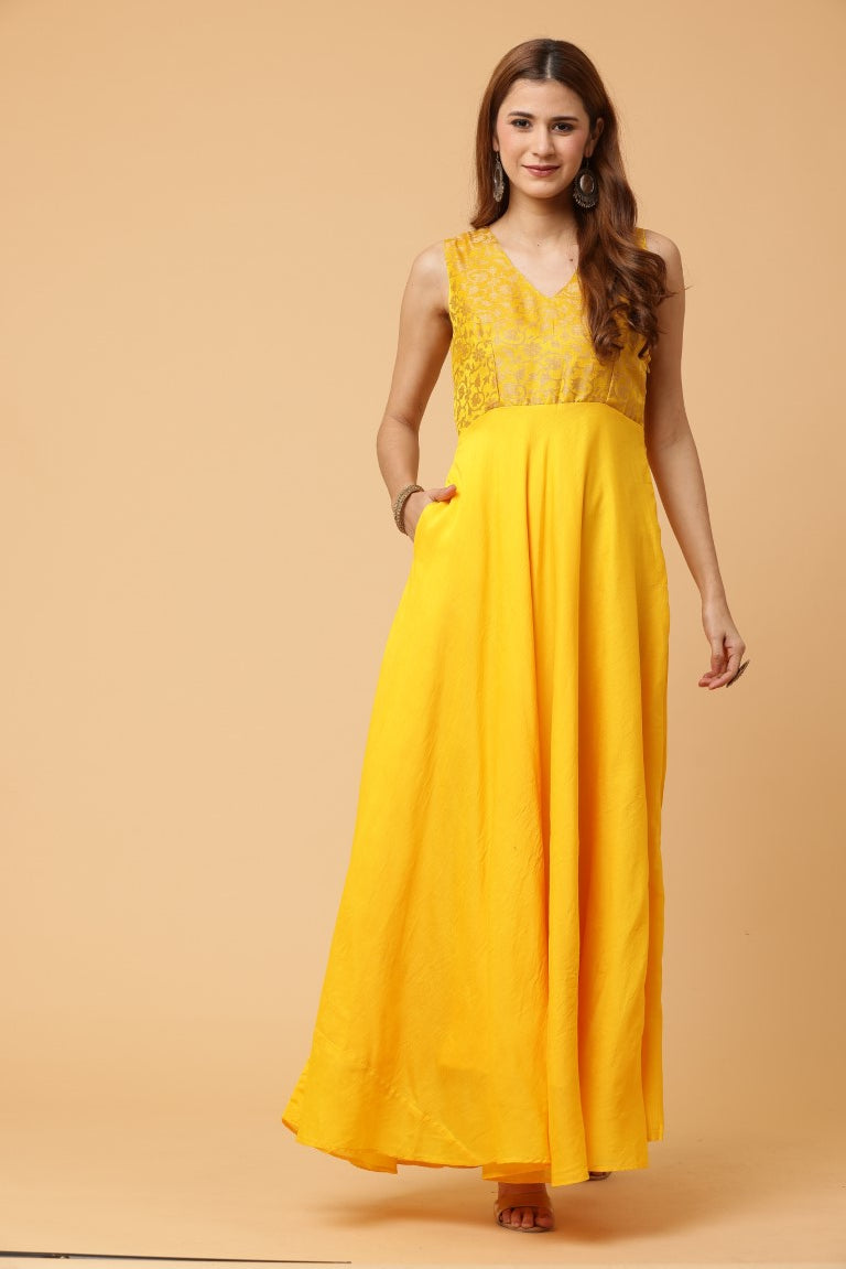 Fab Fashion Yellow Sleeveless Anarkali Dress - Distacart