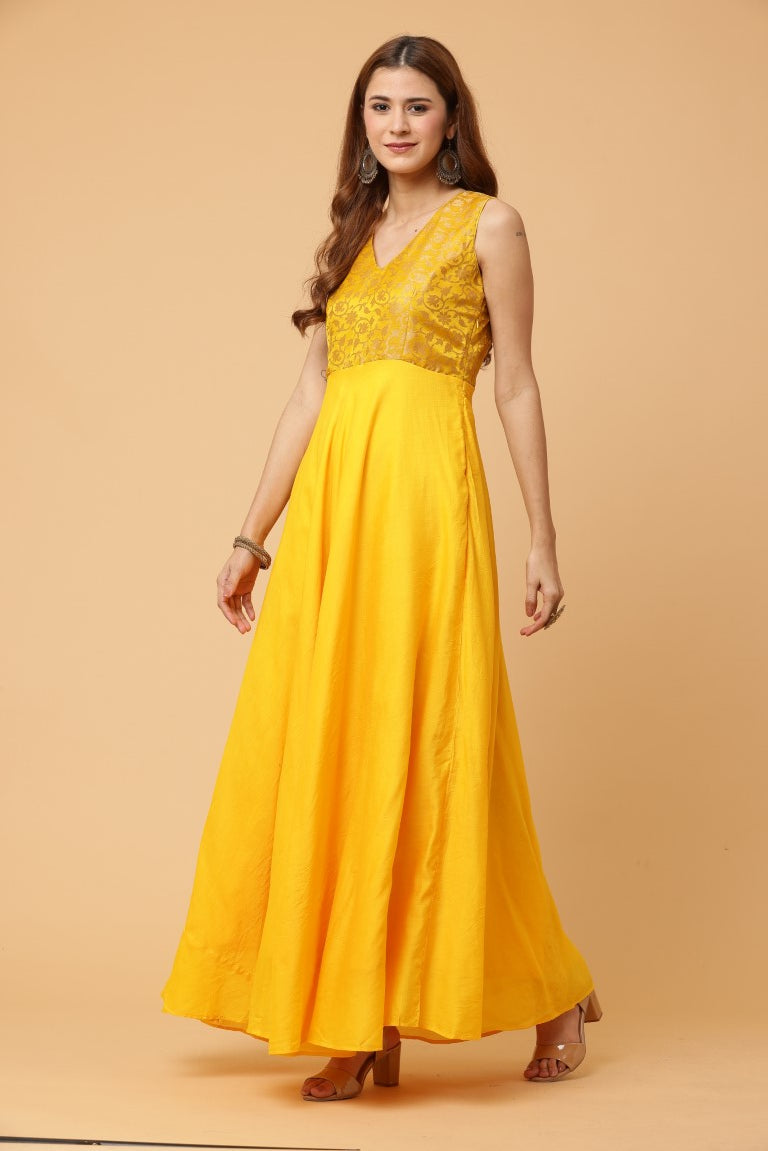 Fab Fashion Yellow Sleeveless Anarkali Dress - Distacart