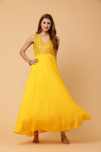 Thumbnail for Fab Fashion Yellow Sleeveless Anarkali Dress