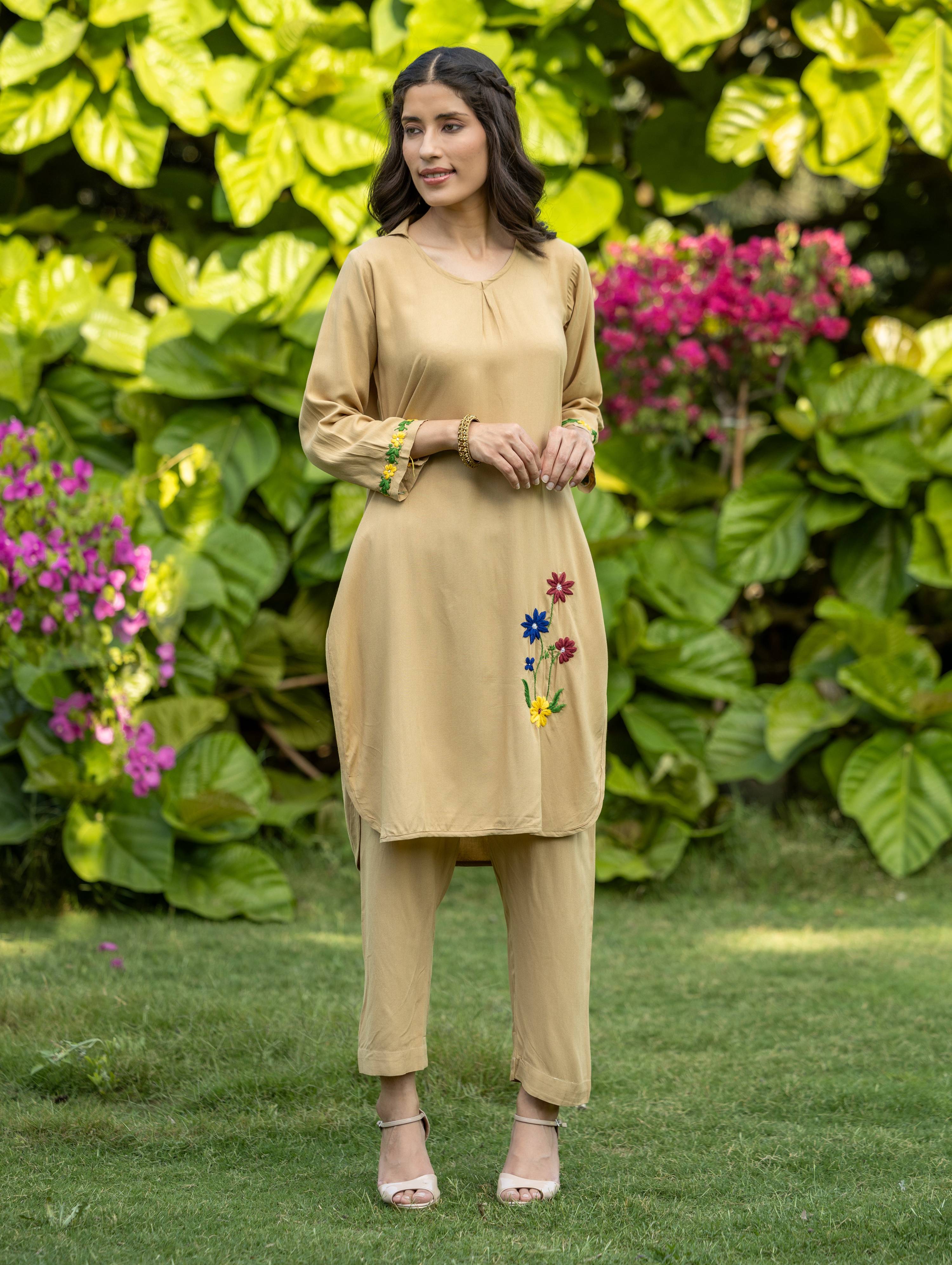 Gharana India Luxury Rayon Beige Chikankari Kurta Set