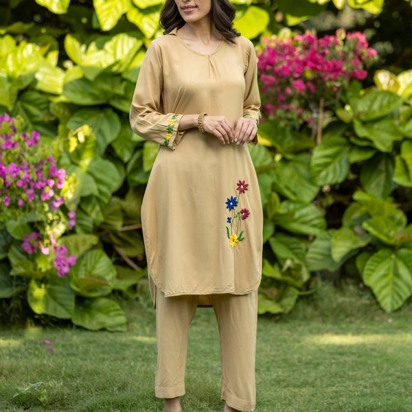 Gharana India Luxury Rayon Beige Chikankari Kurta Set