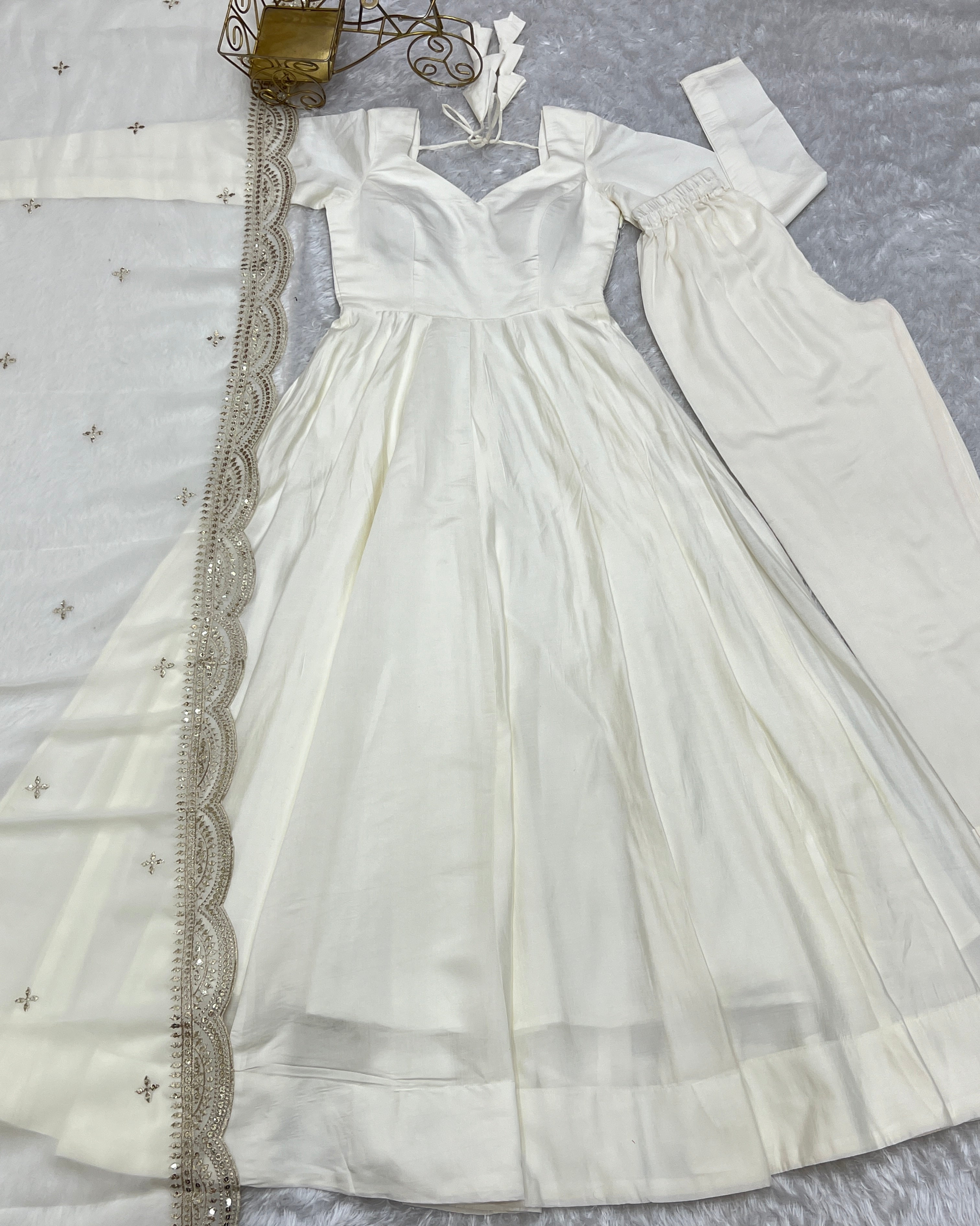 Lorenvalley Fashion Offwhite Pure Roman Silk Chanderi Fabric Fully Flared Anarkali Pant With Dupatta Set - Off White - Distacart