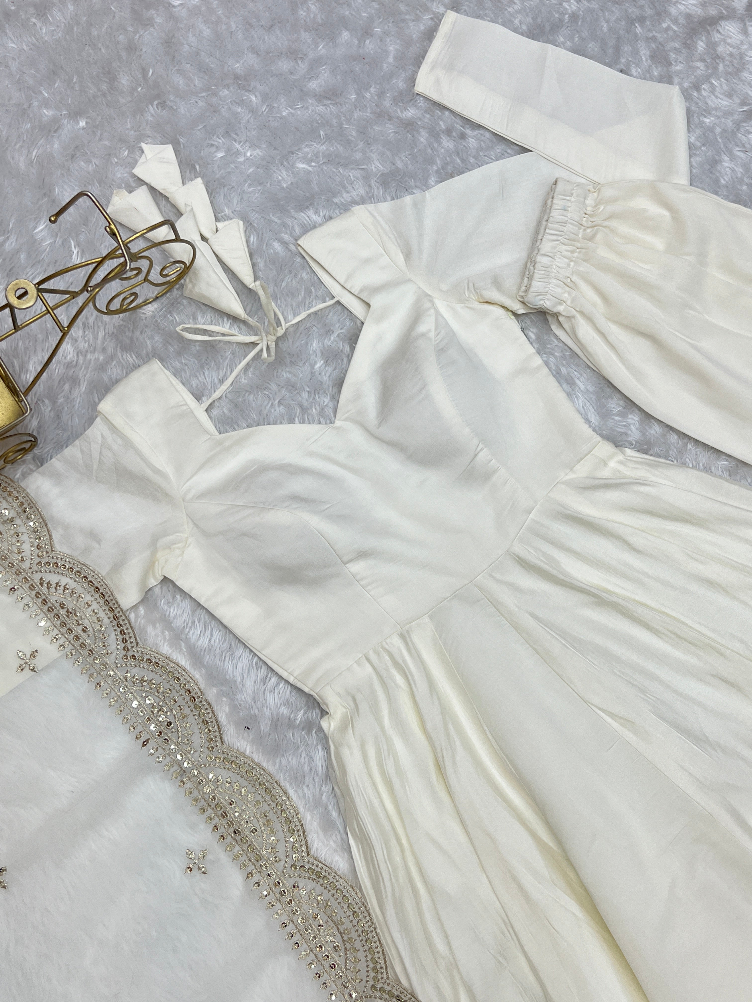 Lorenvalley Fashion Offwhite Pure Roman Silk Chanderi Fabric Fully Flared Anarkali Pant With Dupatta Set - Off White - Distacart
