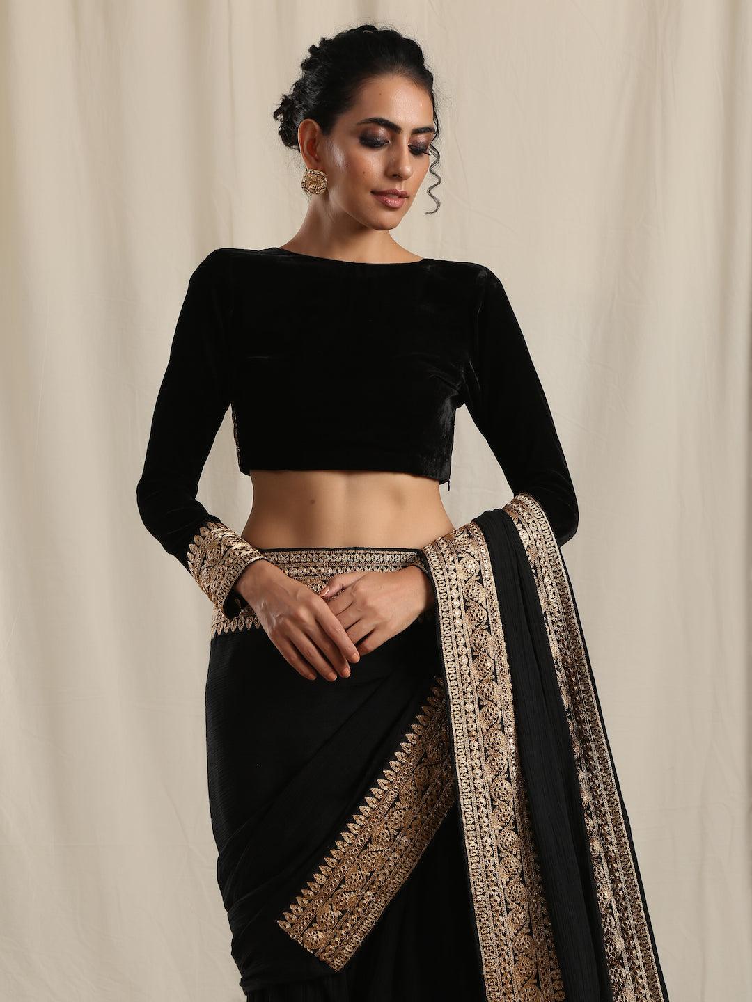 trueBrowns Black Velvet Embroidered Lace Blouse - Distacart