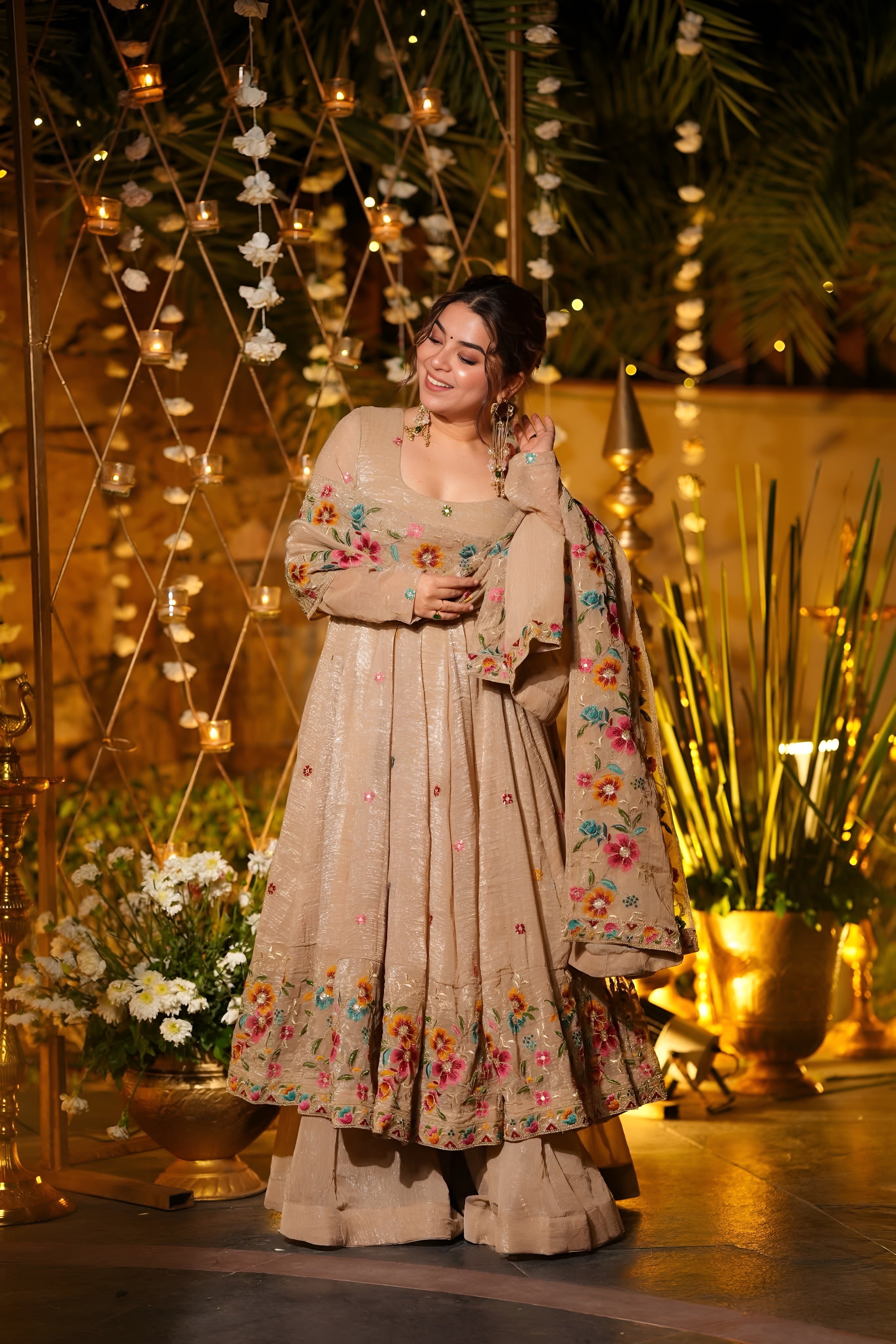 Yash Enterprise Beige Crunchy Silk Party Wear Embroidery Suit Set - Distacart