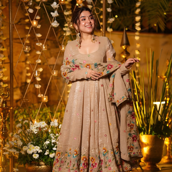 Yash Enterprise Beige Crunchy Silk Party Wear Embroidery Suit Set - Distacart