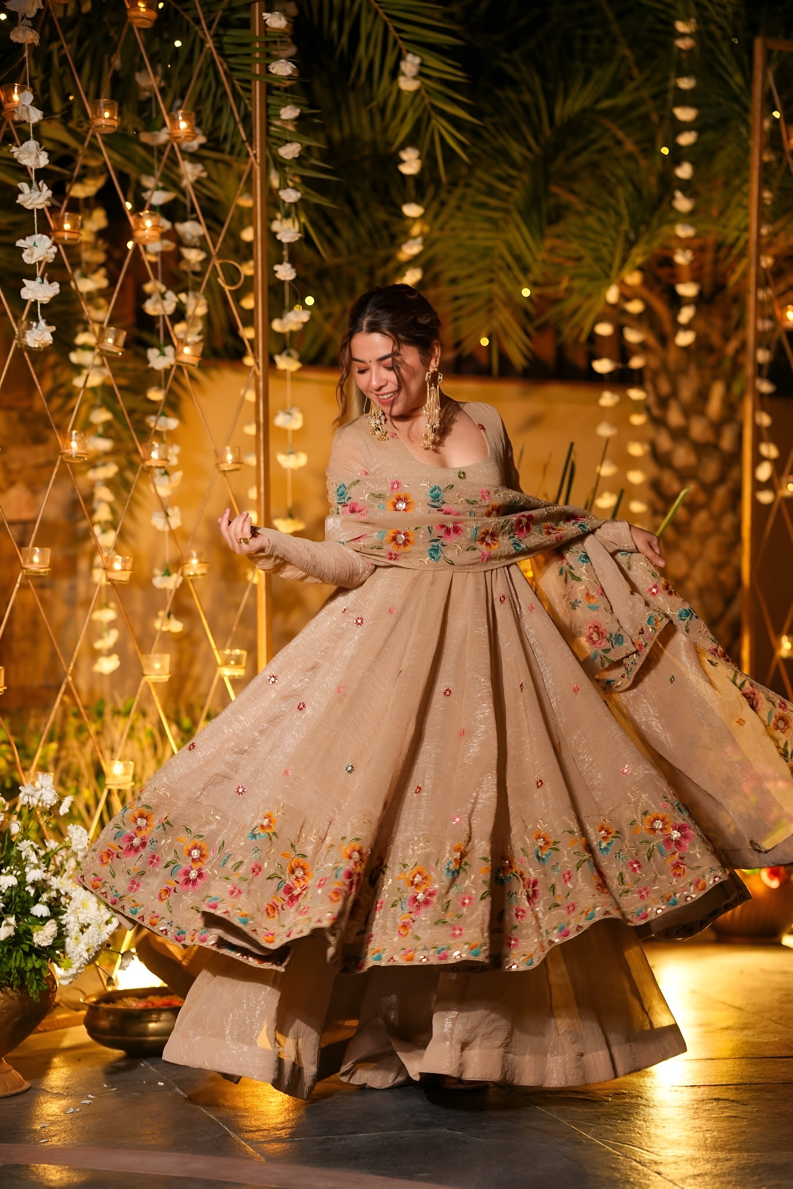 Yash Enterprise Beige Crunchy Silk Party Wear Embroidery Suit Set - Distacart