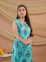 Thumbnail for Yufta Blue Floral Print Pure Cotton A-Line Kurta Dupatta Set