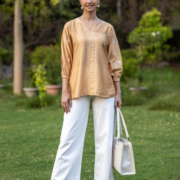Gharana India Chanderi Chikankari Golden Beige Top