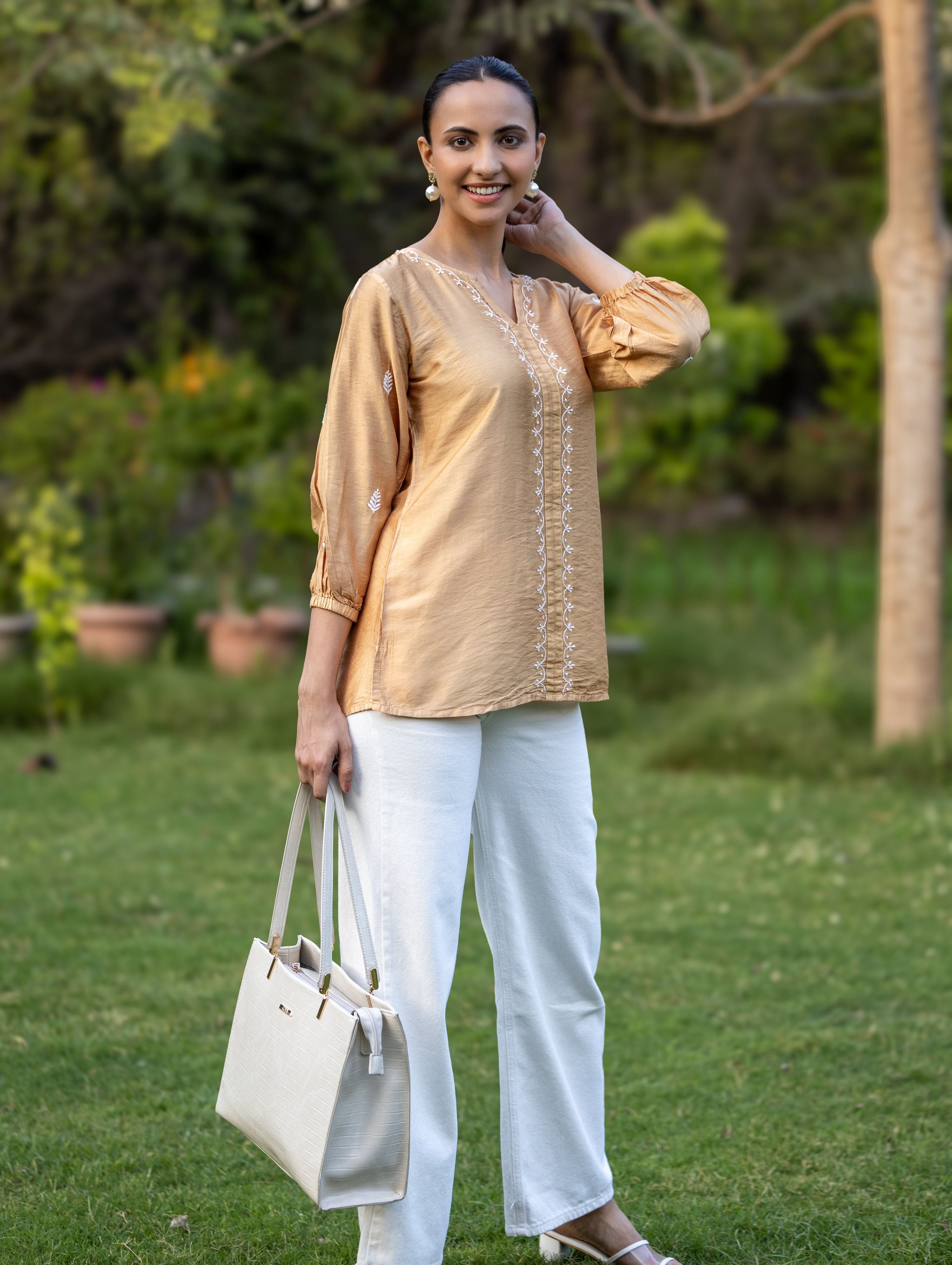 Gharana India Chanderi Chikankari Golden Beige Top