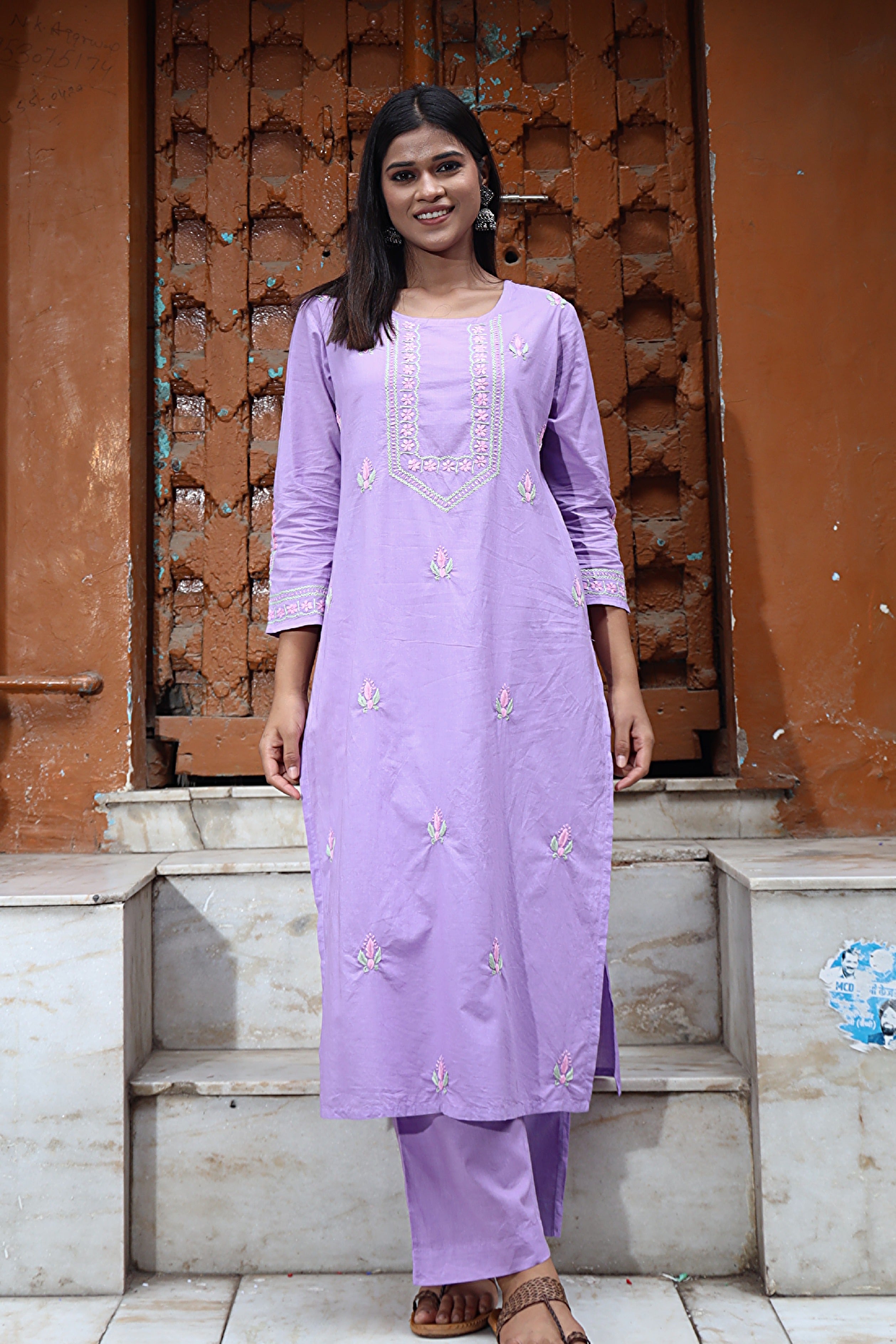 Gharana India Mul Cotton Lilac Chikankari Kurta Set - 2Pc