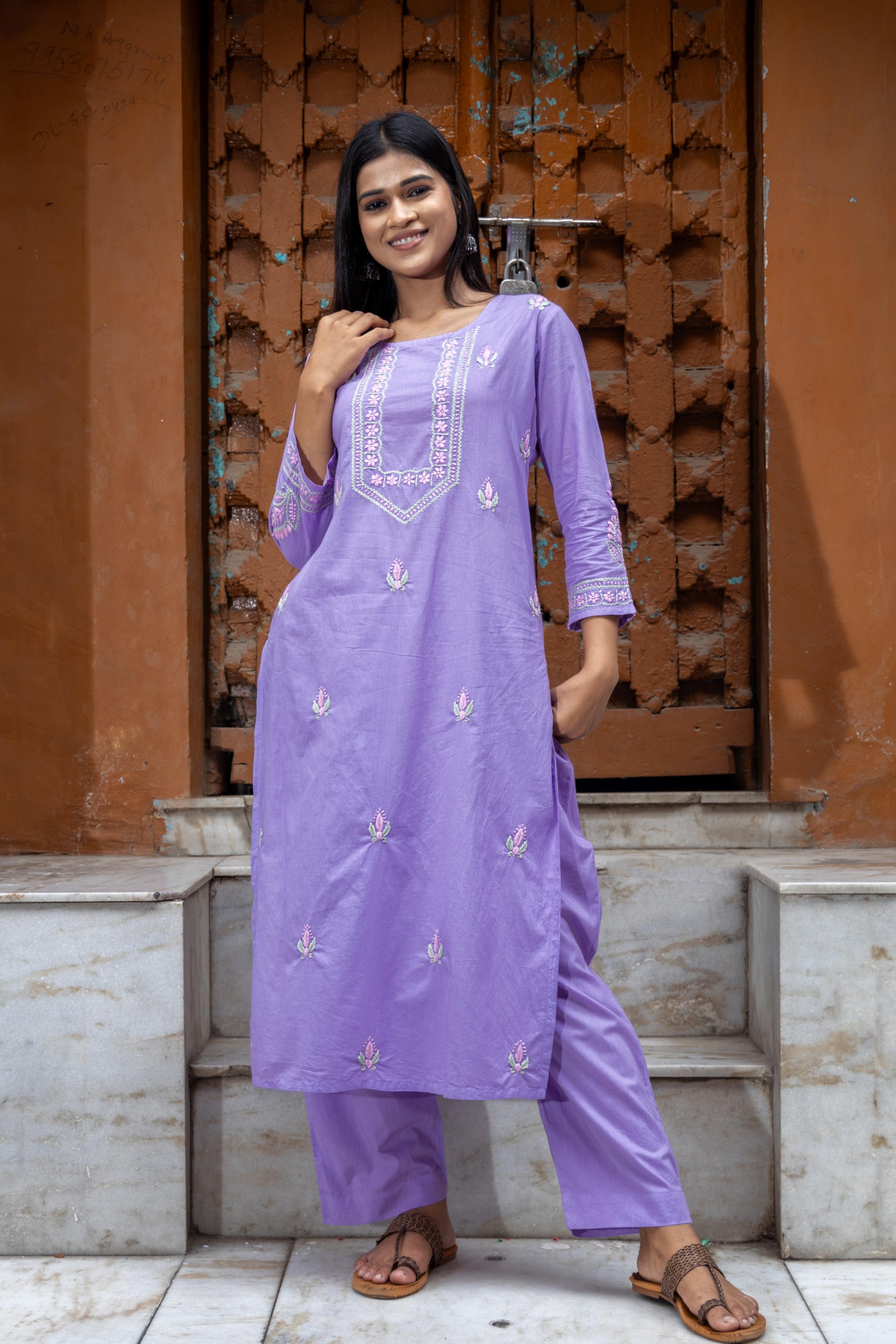 Gharana India Mul Cotton Lilac Chikankari Kurta Set - 2Pc