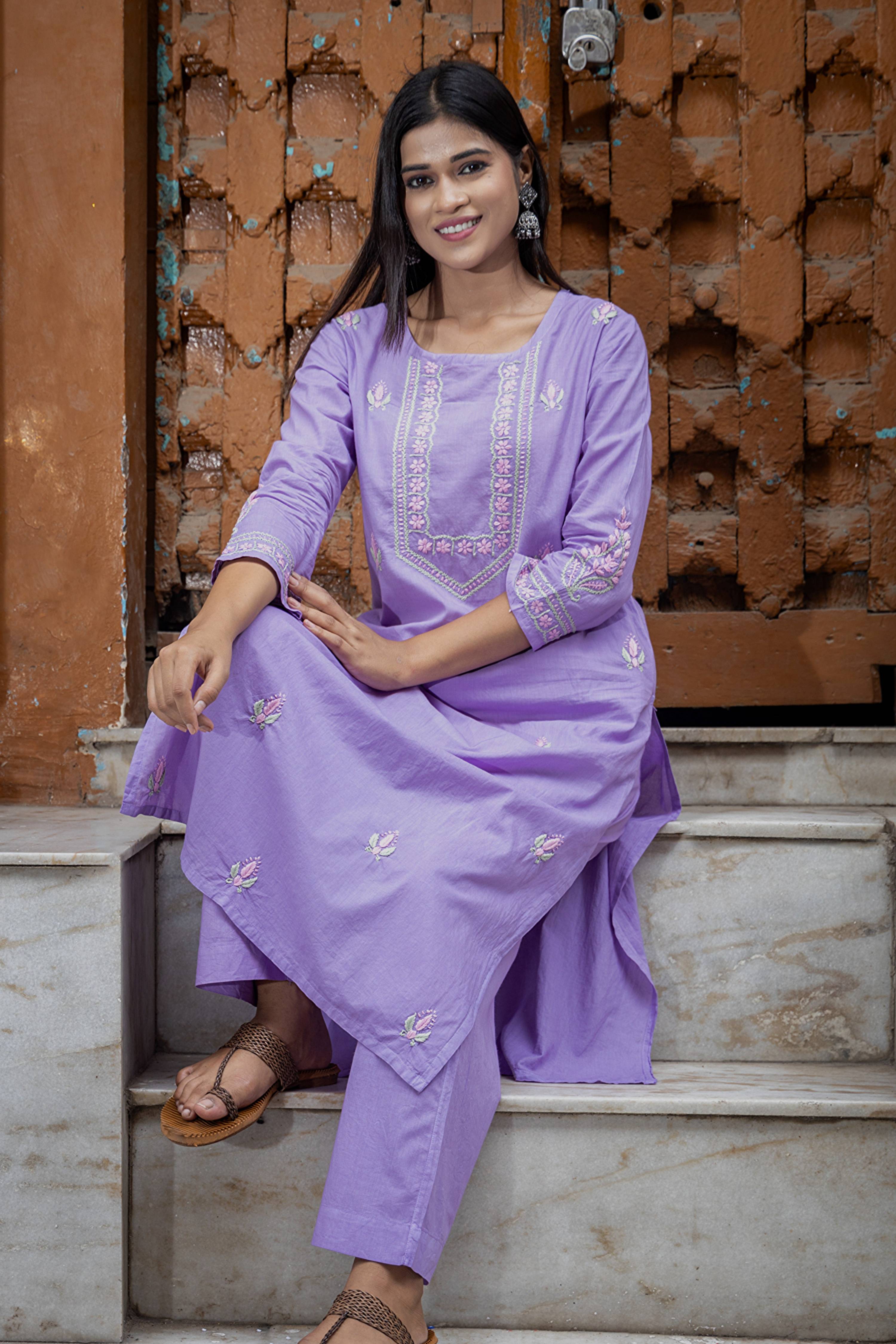 Gharana India Mul Cotton Lilac Chikankari Kurta Set - 2Pc