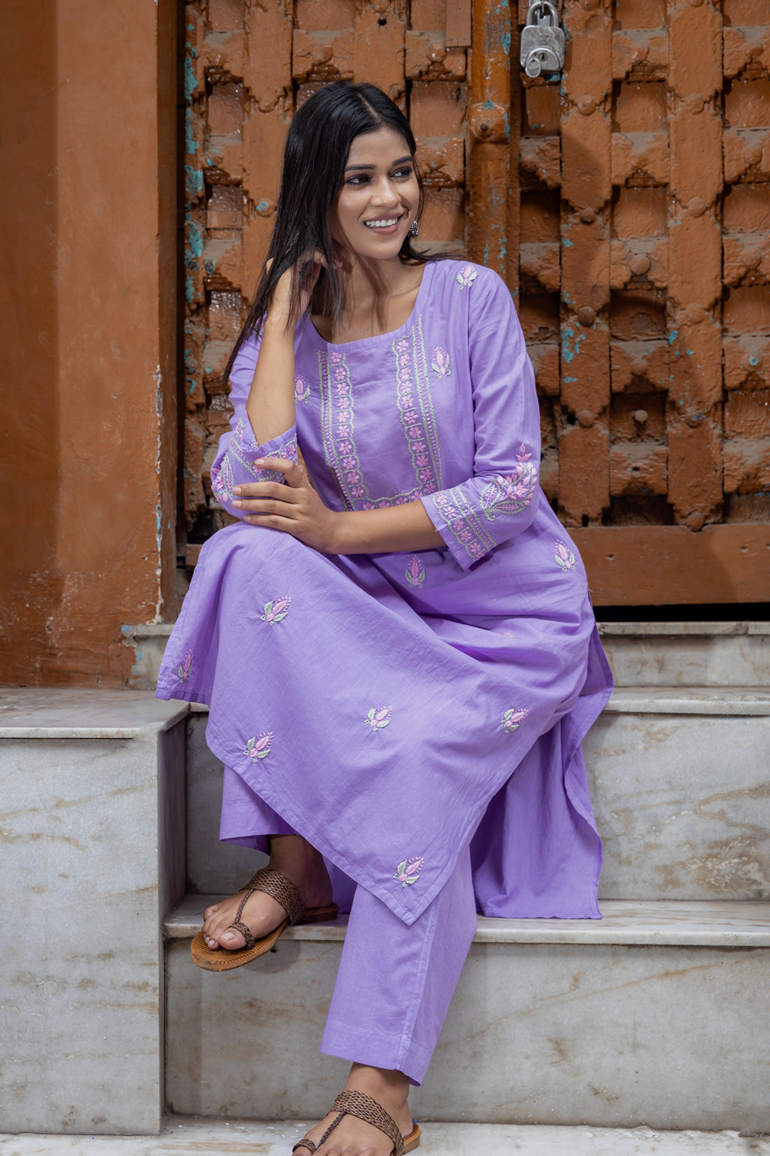 Gharana India Mul Cotton Lilac Chikankari Kurta Set - 2Pc