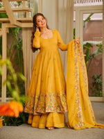 Thumbnail for Yash Enterprise Yellow Crunchy Silk Party Wear Sharara Suit Set - Distacart