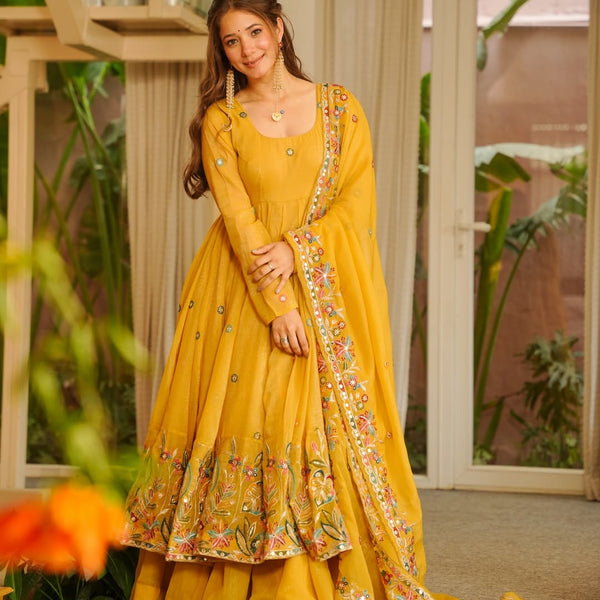 Yash Enterprise Yellow Crunchy Silk Party Wear Sharara Suit Set - Distacart