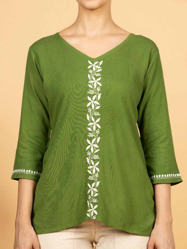 Gharana India Luxury Rayon Green Chikankari Top