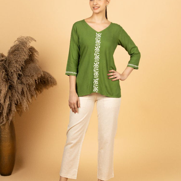 Gharana India Luxury Rayon Green Chikankari Top