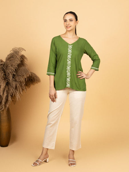 Gharana India Luxury Rayon Green Chikankari Top